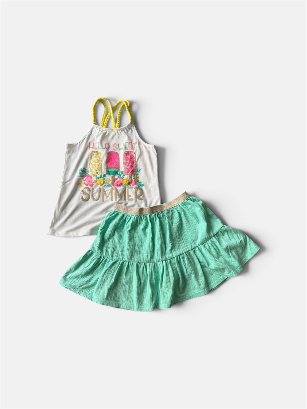 •Cynthia Rowley Girls' White 'Hello Sweet Summer' Tank & Mint Skirt Set